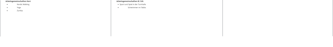 Arbeitsgemeinschaften Hort •		Nordic Walking •		Yoga •		Zumba Arbeitsgemeinschaften Kl. 5/6: •	Sport und Spiel in der Turnhalle •		Schwimmen im Tabbs